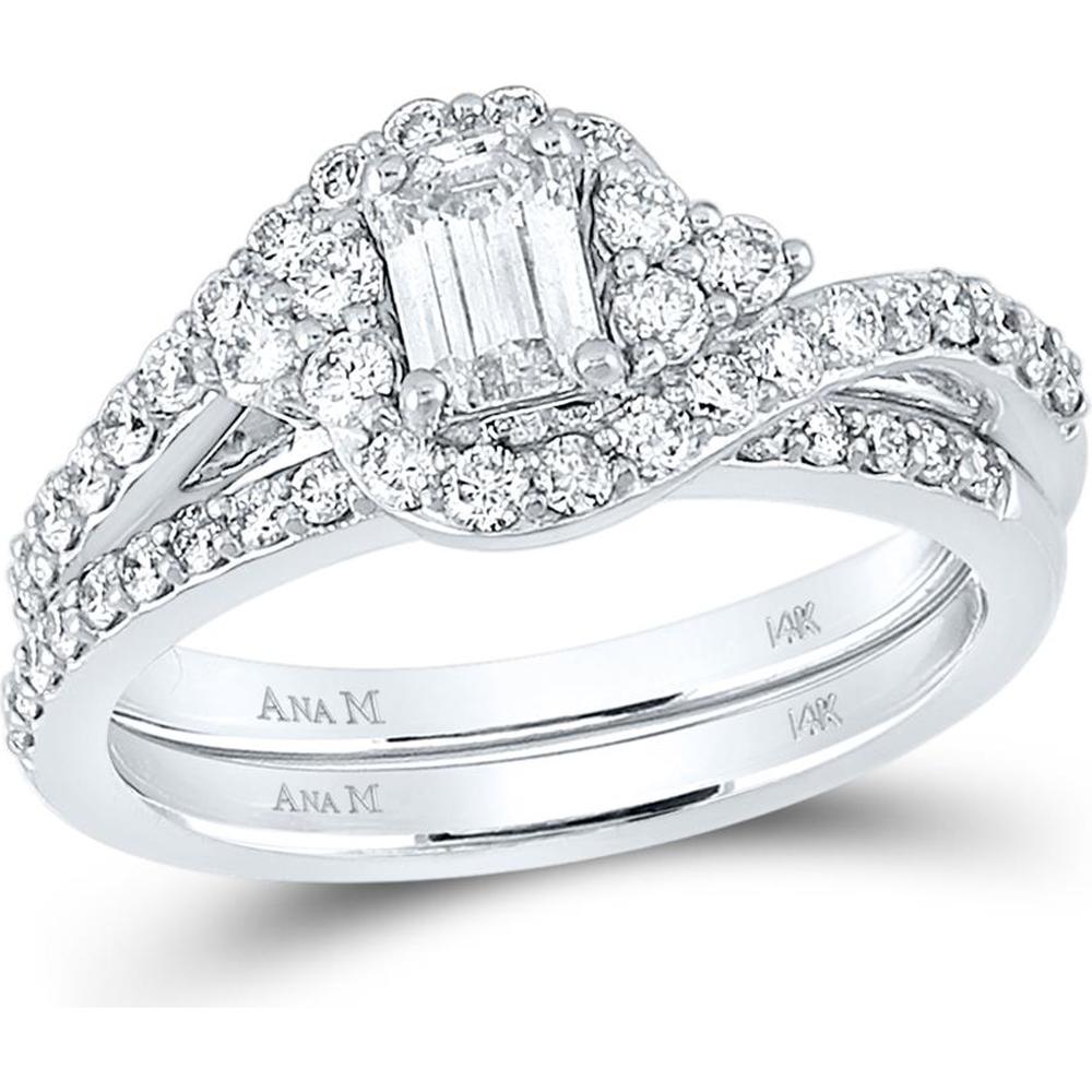 GND 14K White Gold Emerald and Round Diamond Bridal Wedding Ring Set – 1-1/4 Carat Total Diamond Weight