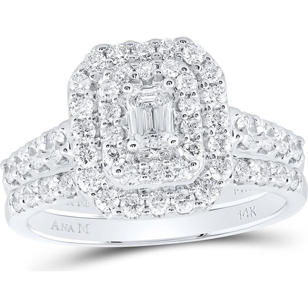 GND 14K White Gold Emerald Cut Diamond Bridal Wedding Ring Set with 1.5 Carat Total Diamond Weight