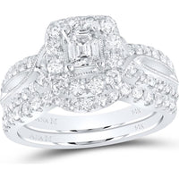 GND 14K White Gold Emerald-Cut Diamond Bridal Wedding Ring Set with Halo and Round Prong-Set Diamonds - 1.38 Carat Total Diamond Weight