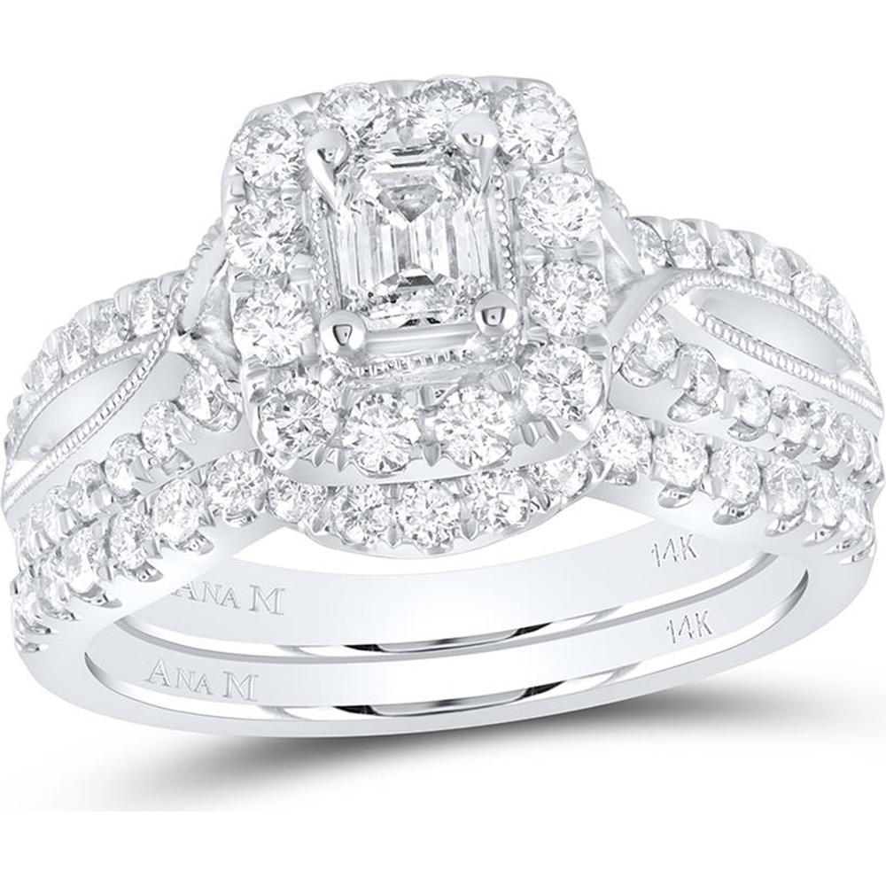 GND 14K White Gold Emerald-Cut Diamond Bridal Wedding Ring Set with Halo and Round Prong-Set Diamonds - 1.38 Carat Total Diamond Weight
