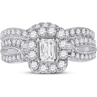 GND 14K White Gold Emerald-Cut Diamond Bridal Wedding Ring Set with Halo and Round Prong-Set Diamonds - 1.38 Carat Total Diamond Weight