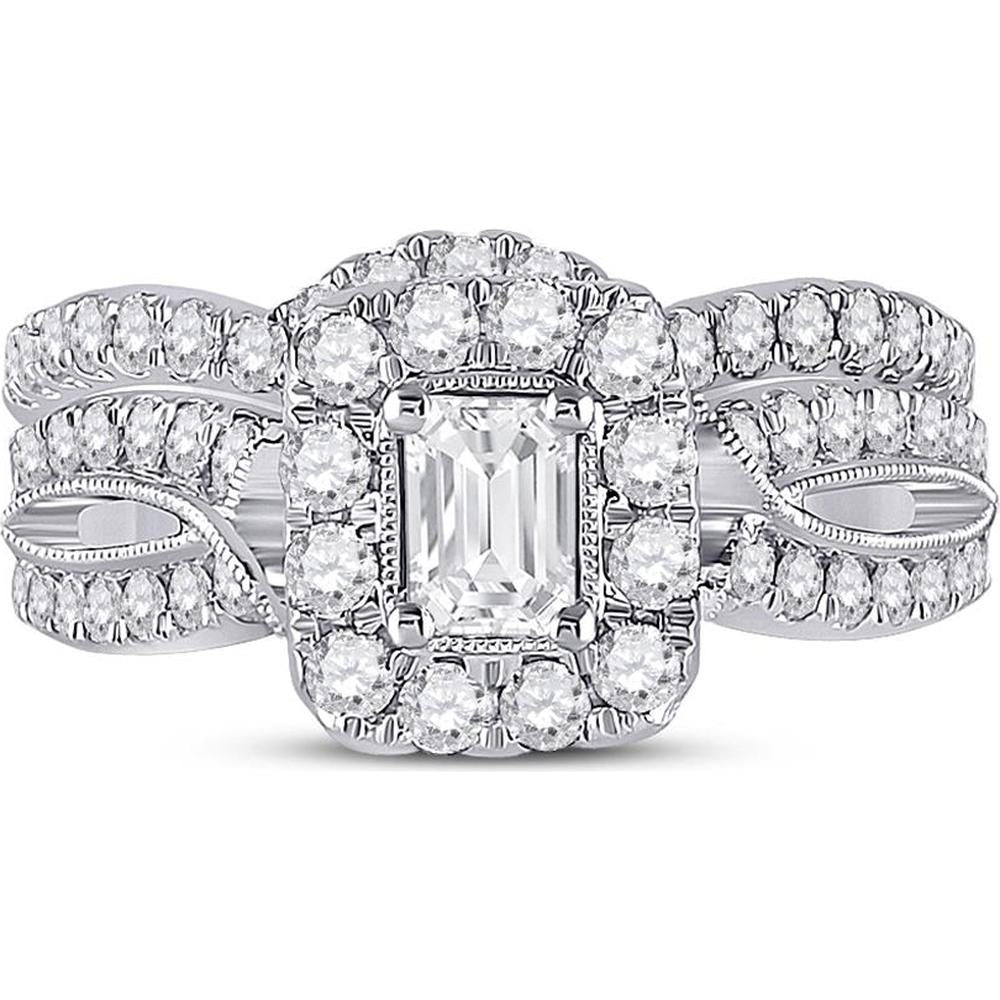 GND 14K White Gold Emerald-Cut Diamond Bridal Wedding Ring Set with Halo and Round Prong-Set Diamonds - 1.38 Carat Total Diamond Weight