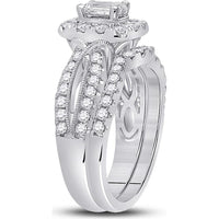 GND 14K White Gold Emerald-Cut Diamond Bridal Wedding Ring Set with Halo and Round Prong-Set Diamonds - 1.38 Carat Total Diamond Weight