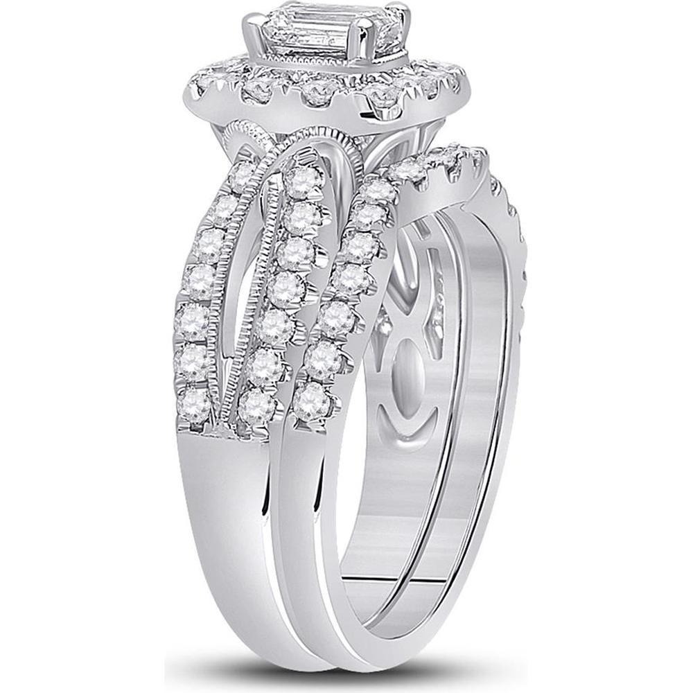 GND 14K White Gold Emerald-Cut Diamond Bridal Wedding Ring Set with Halo and Round Prong-Set Diamonds - 1.38 Carat Total Diamond Weight