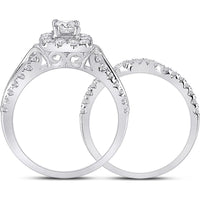 GND 14K White Gold Emerald-Cut Diamond Bridal Wedding Ring Set with Halo and Round Prong-Set Diamonds - 1.38 Carat Total Diamond Weight