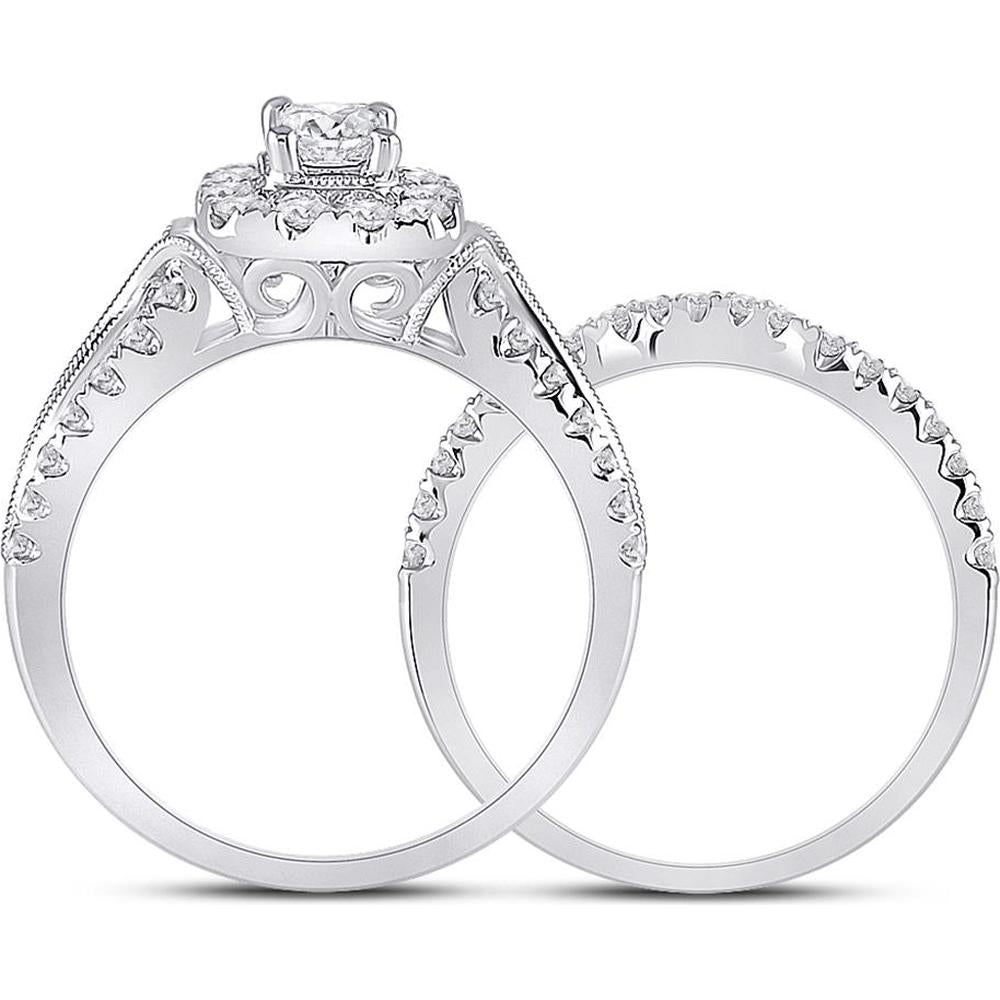 GND 14K White Gold Emerald-Cut Diamond Bridal Wedding Ring Set with Halo and Round Prong-Set Diamonds - 1.38 Carat Total Diamond Weight