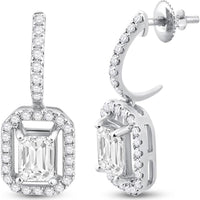 GND 14K White Gold Emerald Cut Diamond Dangle Earrings with Round Diamond Halo - 1-1/4 Carat Total Diamond Weight