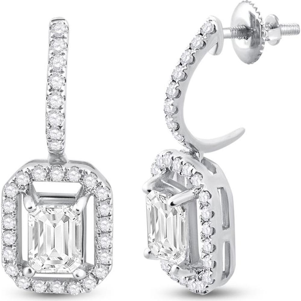 GND 14K White Gold Emerald Cut Diamond Dangle Earrings with Round Diamond Halo - 1-1/4 Carat Total Diamond Weight