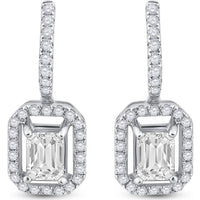 GND 14K White Gold Emerald Cut Diamond Dangle Earrings with Round Diamond Halo - 1-1/4 Carat Total Diamond Weight