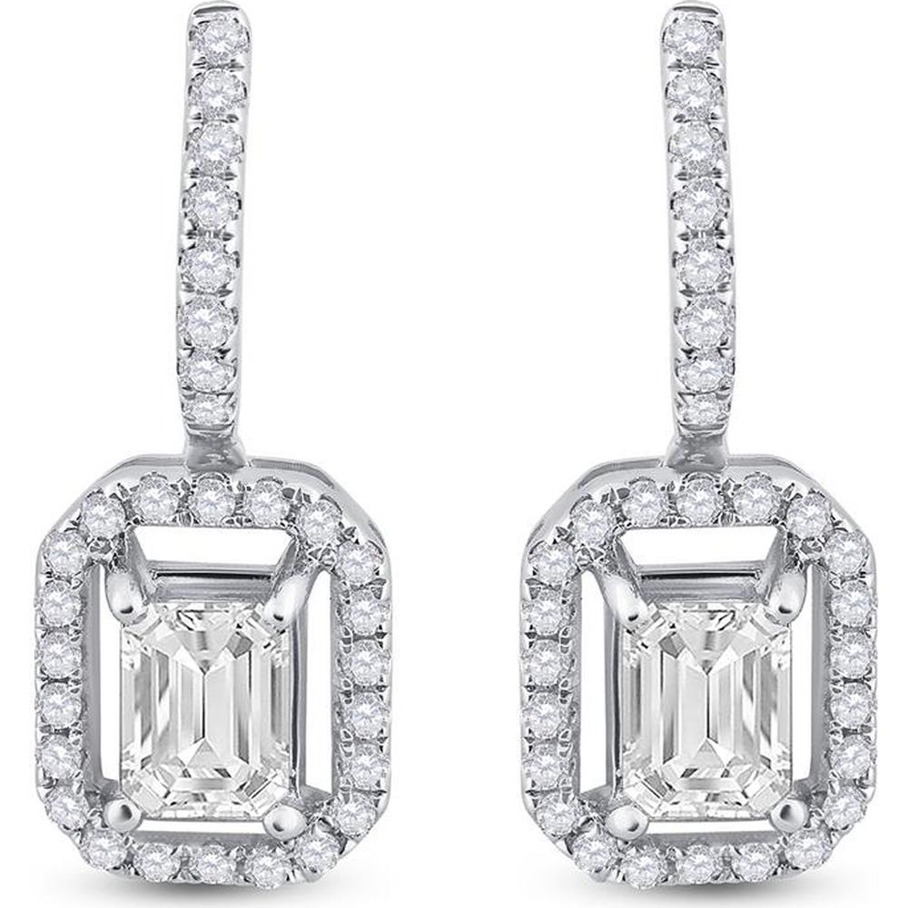 GND 14K White Gold Emerald Cut Diamond Dangle Earrings with Round Diamond Halo - 1-1/4 Carat Total Diamond Weight