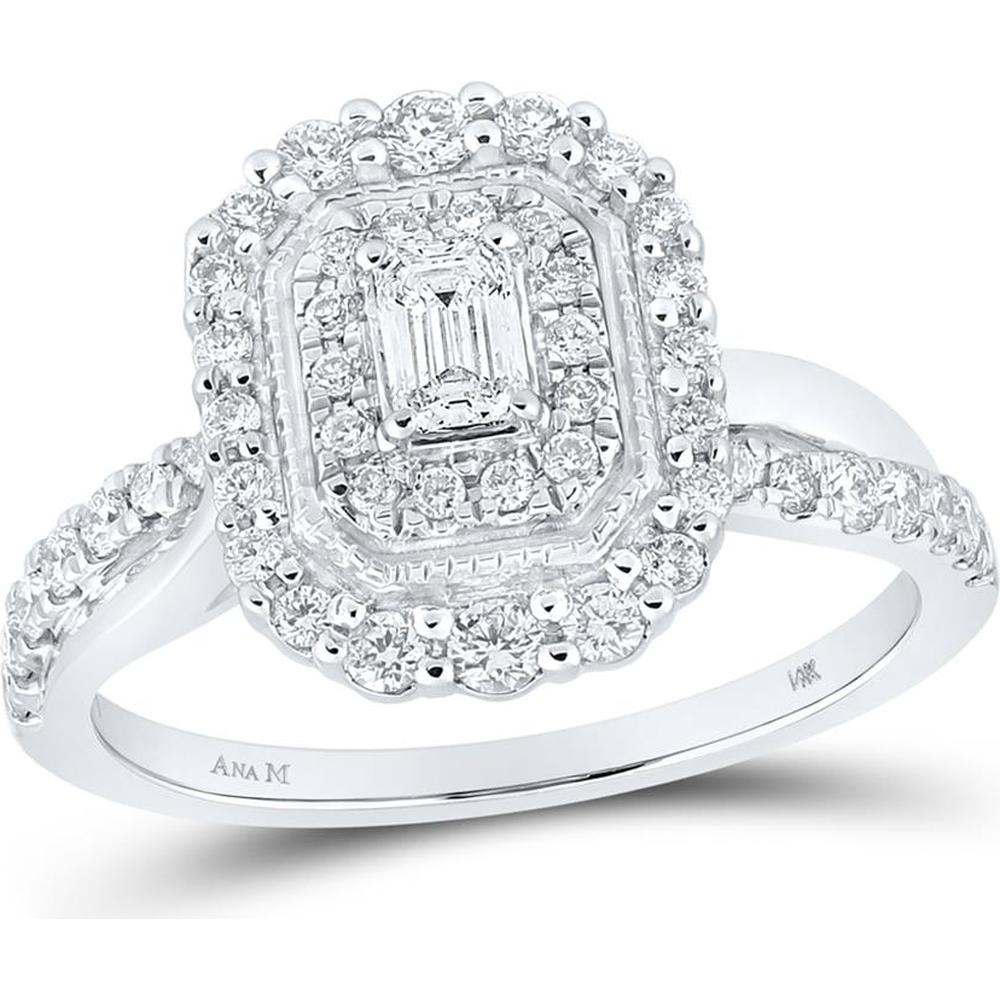 GND 14K White Gold Emerald Cut Diamond Halo Bridal Engagement Ring - 3/4 Carat Total Diamond Weight