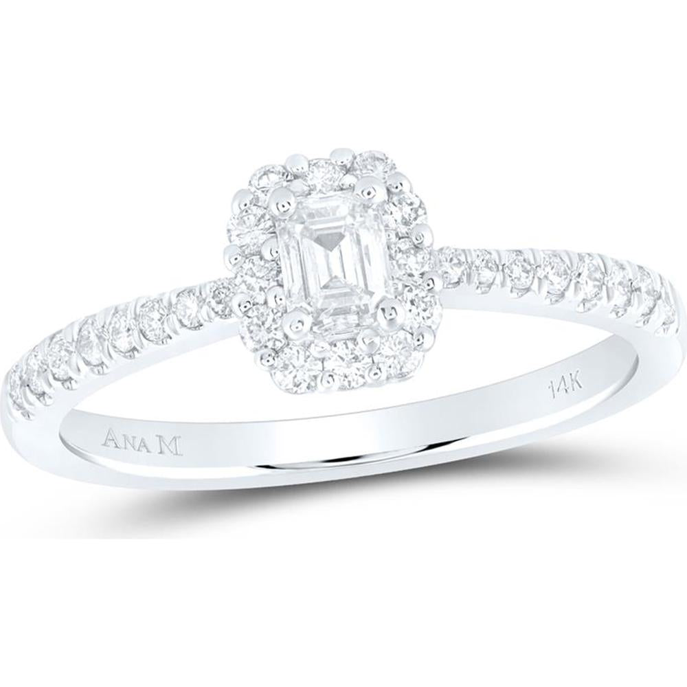GND 14K White Gold Emerald-Cut Diamond Halo Bridal Engagement Ring with Prong-Set Round Diamonds - 5/8 Carat Total Diamond Weight