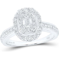 GND 14K White Gold Emerald-Cut Diamond Halo Bridal Engagement Ring with Round Diamonds - 5/8 Total Carat Weight