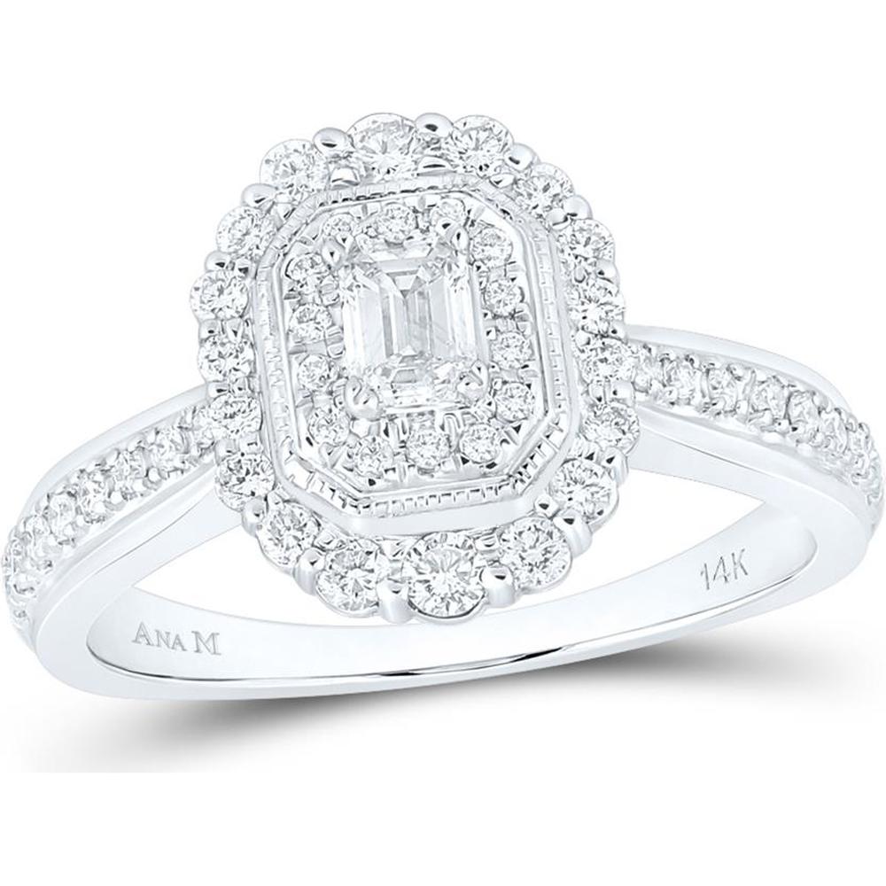 GND 14K White Gold Emerald-Cut Diamond Halo Bridal Engagement Ring with Round Diamonds - 5/8 Total Carat Weight