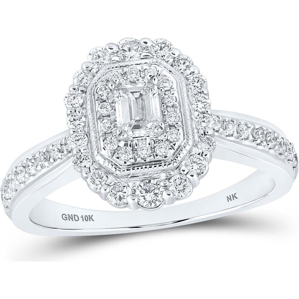 GND 14K White Gold Emerald-Cut Diamond Halo Bridal Engagement Ring with Round Diamonds - 5/8 Total Carat Weight