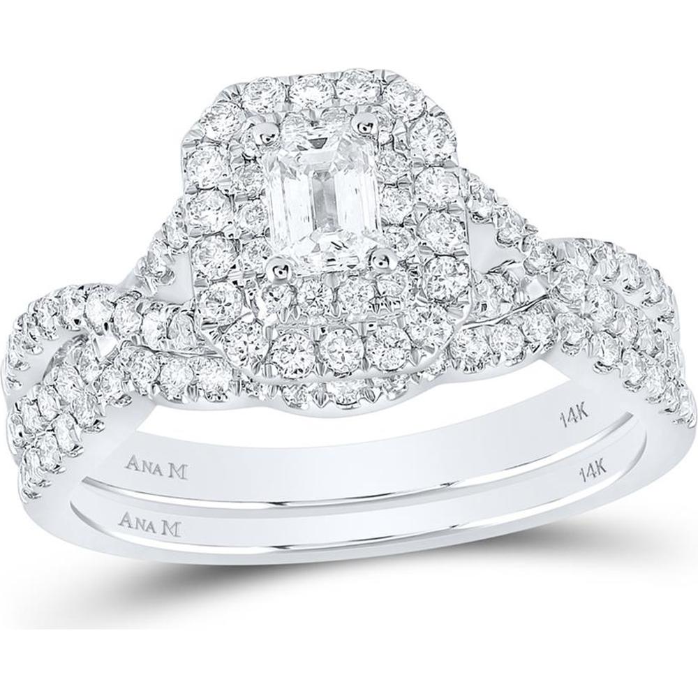 GND 14K White Gold Emerald Cut Diamond Halo Bridal Wedding Ring Set - 1.00 Carat Total Diamond Weight