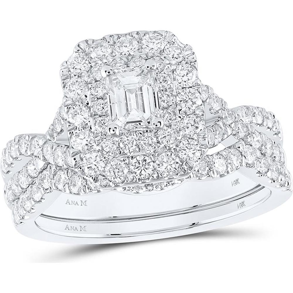 GND 14K White Gold Emerald-Cut Diamond Halo Bridal Wedding Ring Set with 1-1/2 Carat Total Diamond Weight and Sapphire Accent