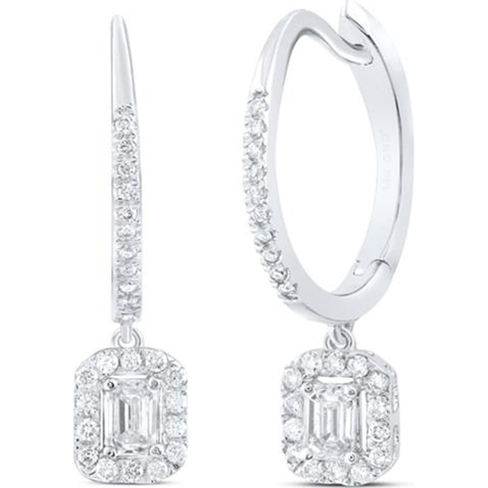 GND 14K White Gold Emerald Cut Diamond Hoop Dangle Earrings with Prong Set Round Diamonds - 1/2 Total Carat Weight