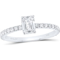 GND 14K White Gold Emerald Cut Diamond Solitaire Engagement Ring with Round Diamond Band – 1 Carat Total Weight