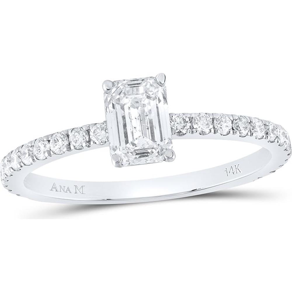 GND 14K White Gold Emerald Cut Diamond Solitaire Engagement Ring with Round Diamond Band – 1 Carat Total Weight