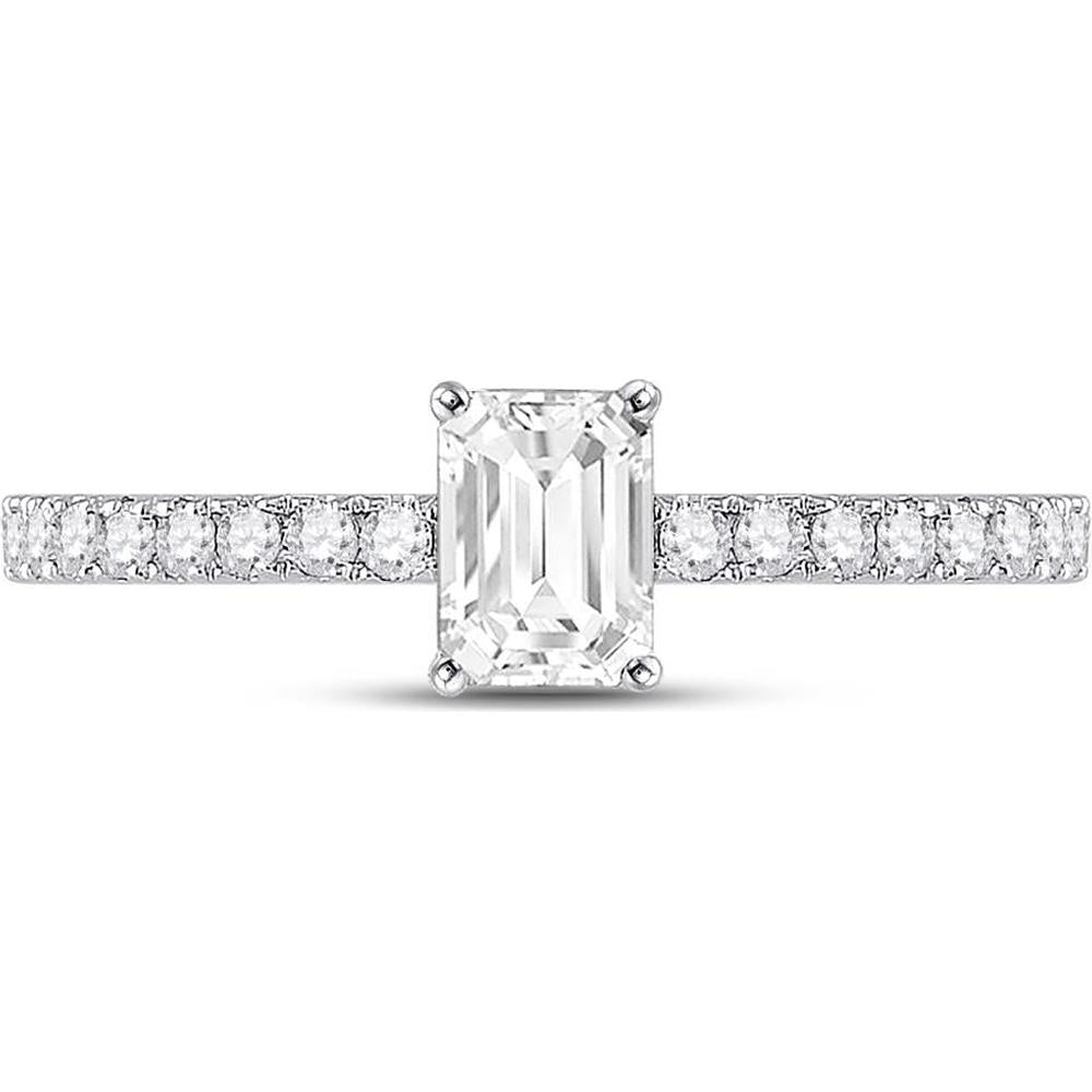GND 14K White Gold Emerald Cut Diamond Solitaire Engagement Ring with Round Diamond Band – 1 Carat Total Weight