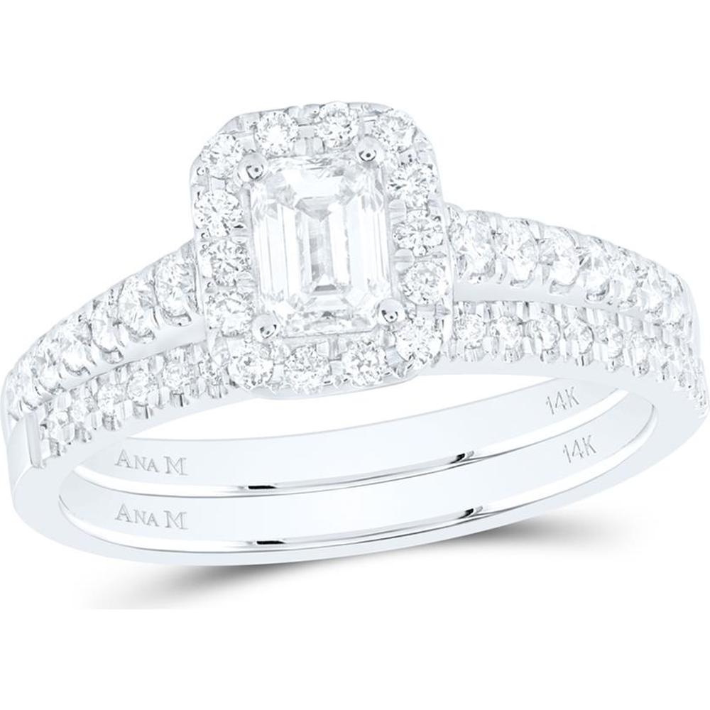 GND 14K White Gold Emerald Diamond Bridal Wedding Ring Set with Prong-Set 1 Carat Total Diamond Weight