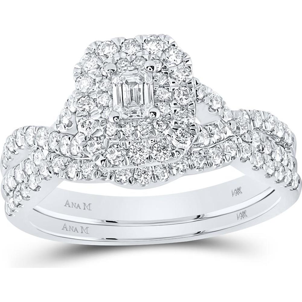 GND 14K White Gold Emerald Diamond Halo Bridal Wedding Ring Set – 1.00 Carat Total Diamond Weight