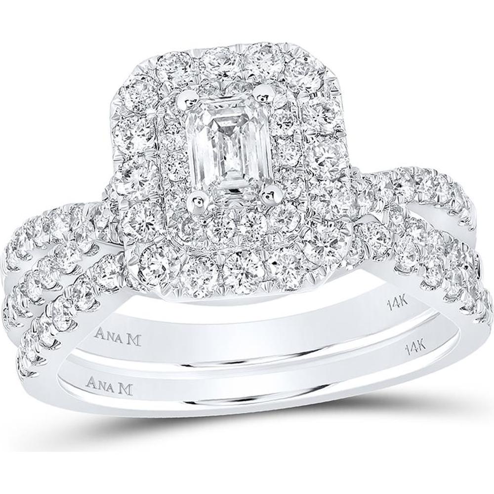 GND 14K White Gold Emerald Diamond Halo Bridal Wedding Ring Set - 1.50 Carat Total Diamond Weight