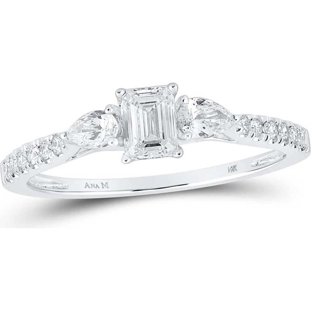 GND 14K White Gold Emerald Diamond Solitaire Bridal Engagement Ring with Pear and Round Diamonds - 5/8 Total Carat Weight