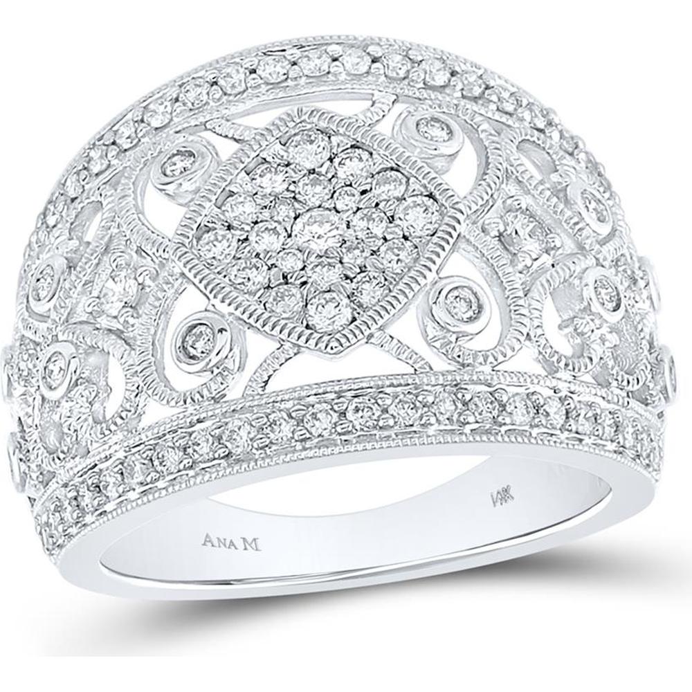 GND 14K White Gold Filigree Fashion Ring with Prong-Set Round Diamonds - 0.75 Carat Total Diamond Weight
