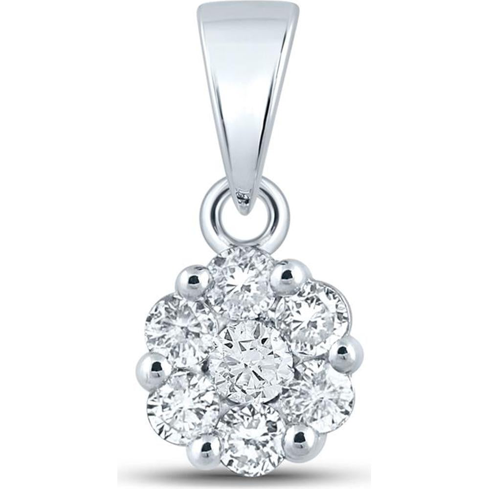 GND 14K White Gold Flower Cluster Pendant with Prong-Set Round Diamonds - 0.75 Carat Total Diamond Weight
