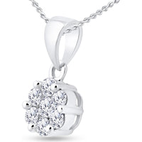 GND 14K White Gold Flower Cluster Pendant with Prong-Set Round Diamonds - 0.75 Carat Total Diamond Weight