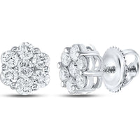 GND 14K White Gold Flower Cluster Stud Earrings with Prong-Set Round Diamonds - 1.50 Carat Total Diamond Weight
