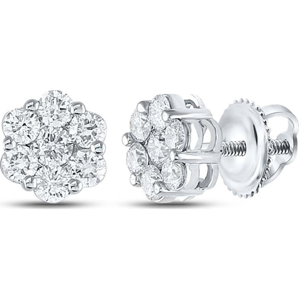 GND 14K White Gold Flower Cluster Stud Earrings with Prong-Set Round Diamonds - 1.50 Carat Total Diamond Weight