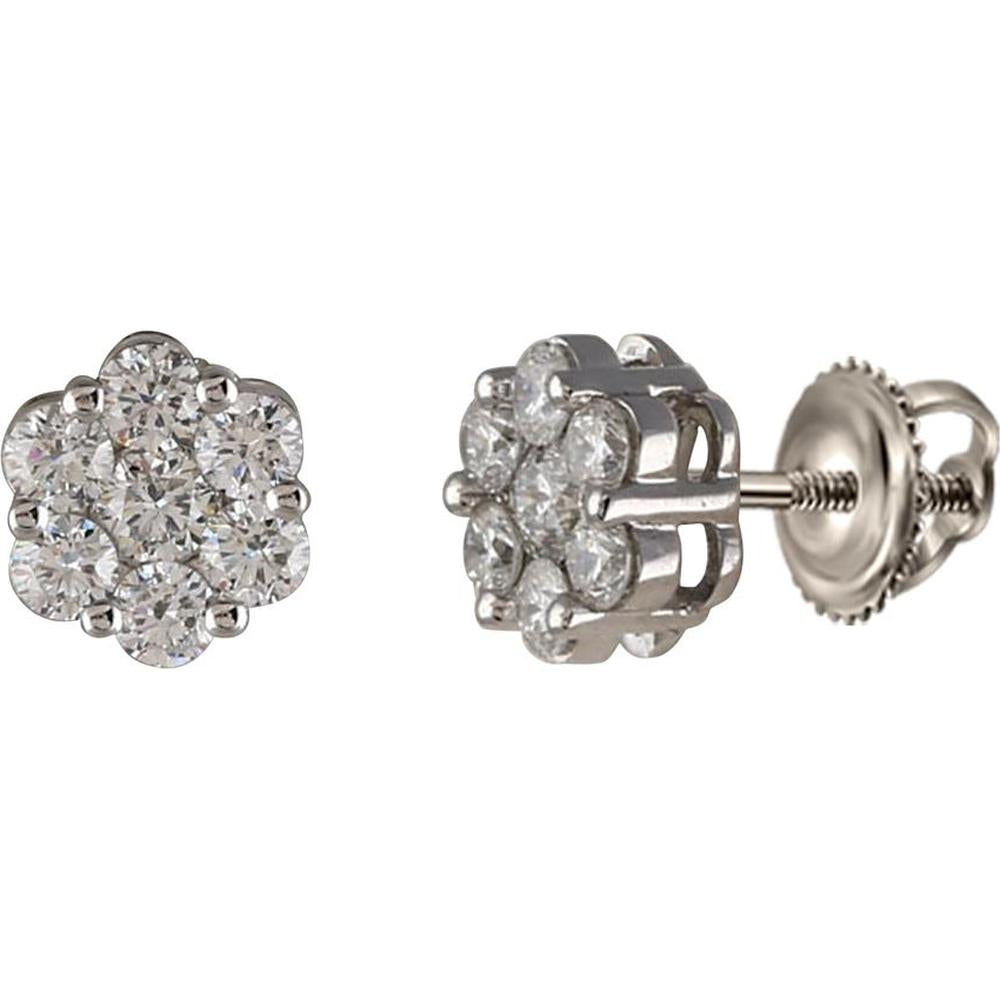 GND 14K White Gold Flower Cluster Stud Earrings with Prong-Set Round Diamonds - 1.50 Carat Total Diamond Weight