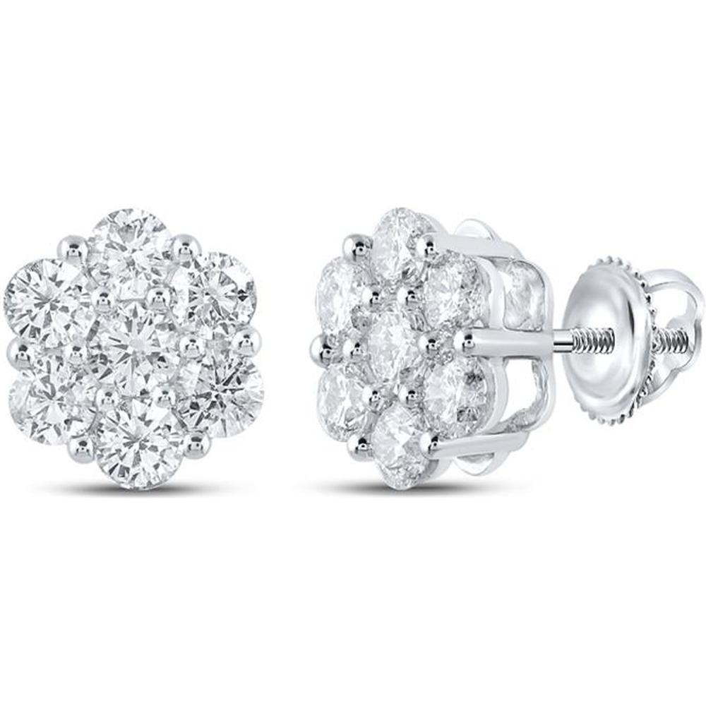 GND 14K White Gold Flower Cluster Stud Earrings with Prong-Set Round Diamonds - 1.75 Carat Total Diamond Weight
