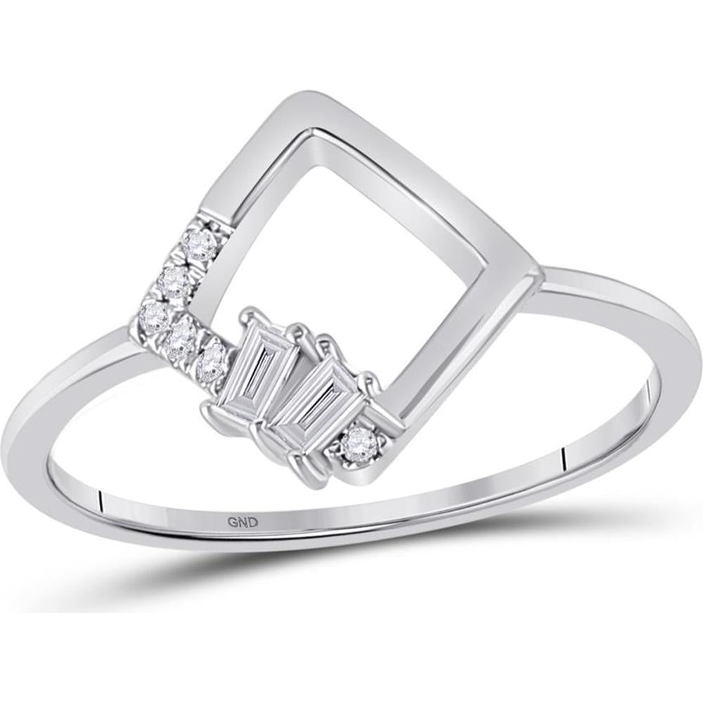 GND 14K White Gold Geometric Ring with Baguette and Round Diamonds - 1/10 Total Carat Weight