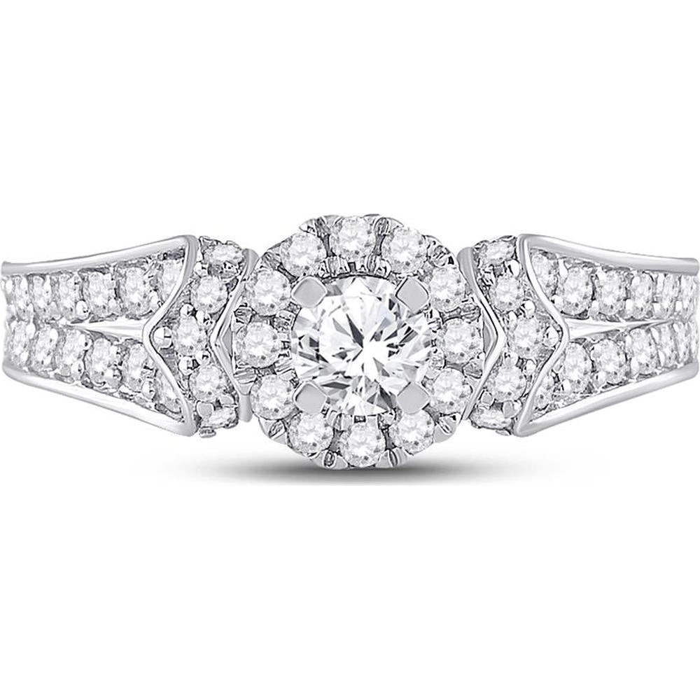 GND 14K White Gold Halo Bridal Engagement Ring with Round Prong-Set Diamonds - 1.2 Carat Total Diamond Weight