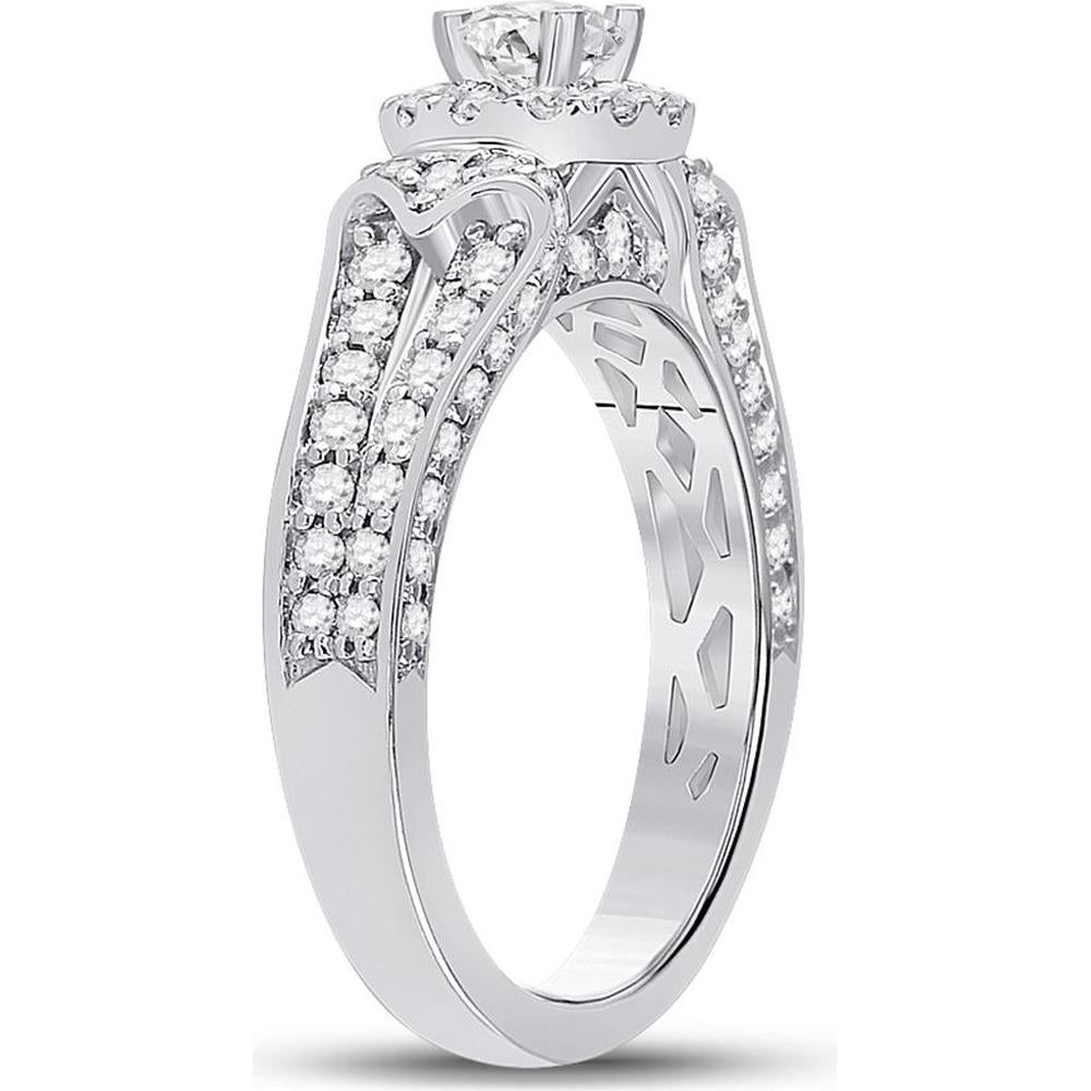 GND 14K White Gold Halo Bridal Engagement Ring with Round Prong-Set Diamonds - 1.2 Carat Total Diamond Weight