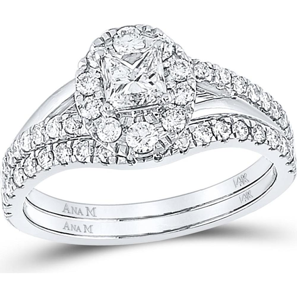 GND 14K White Gold Halo Bridal Set with Princess and Round Diamonds - 1.15 Carat Total Diamond Weight