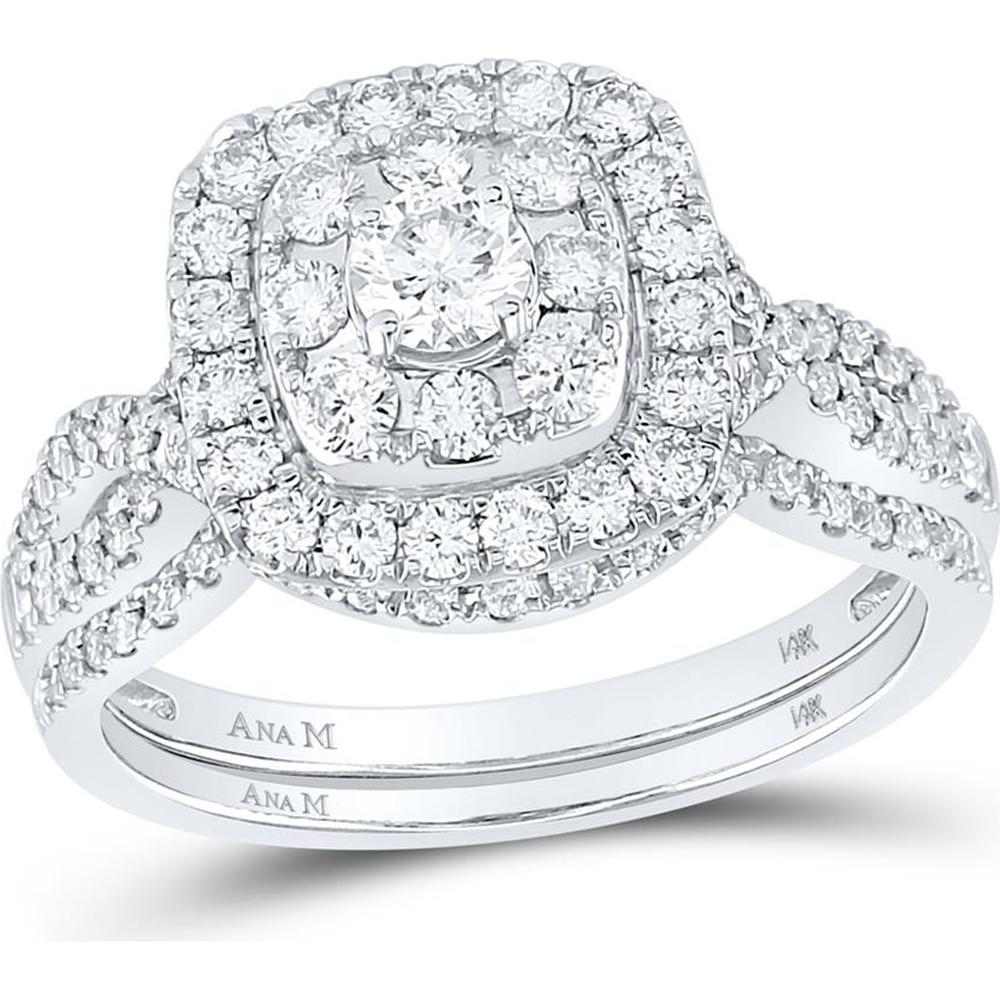 GND 14K White Gold Halo Bridal Wedding Ring Set with Round Prong-Set Diamonds - 1.00 Carat Total Diamond Weight