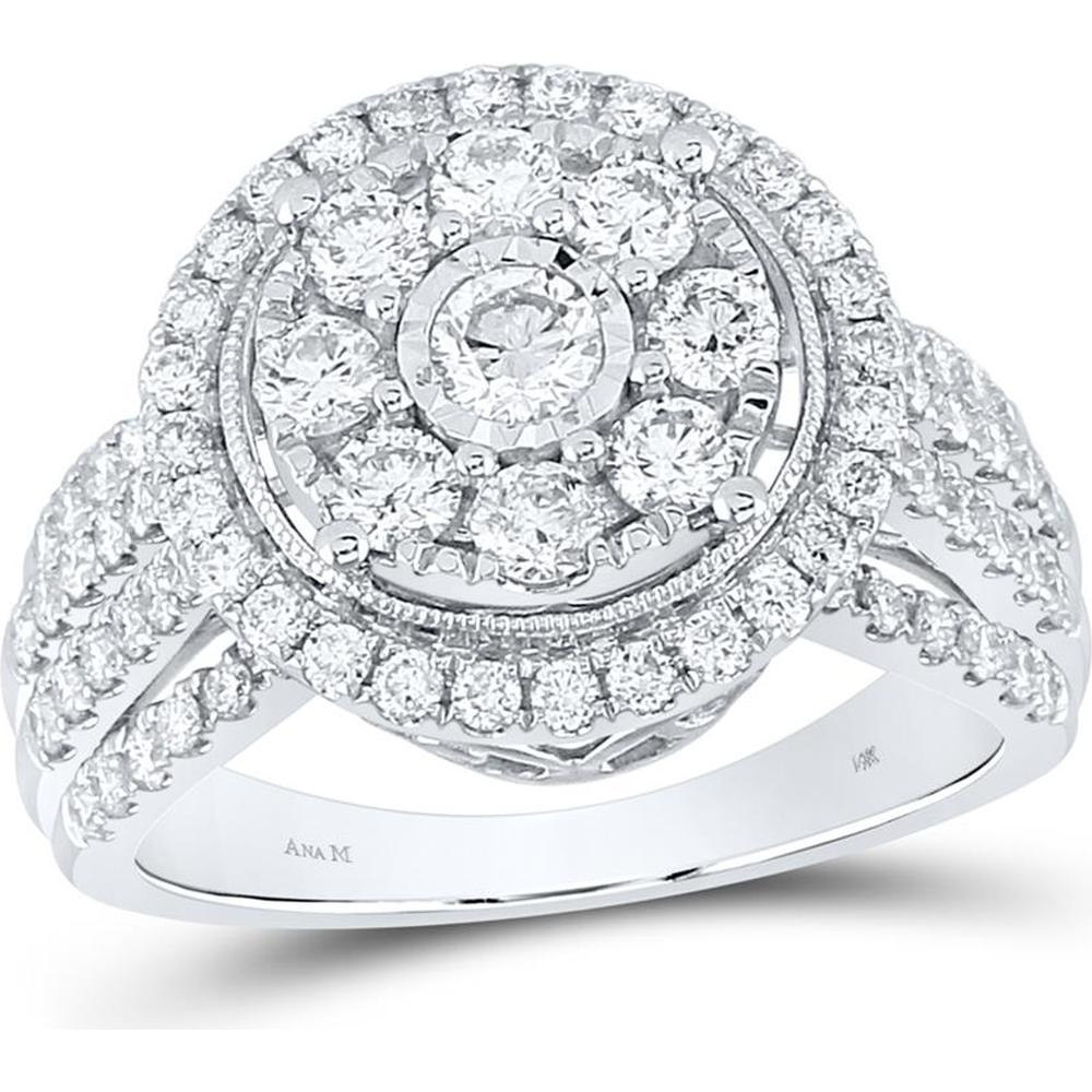 GND 14K White Gold Halo Cluster Right Hand Ring with Illusion-Set Round Diamonds - 1-1/2 Carat Total Diamond Weight