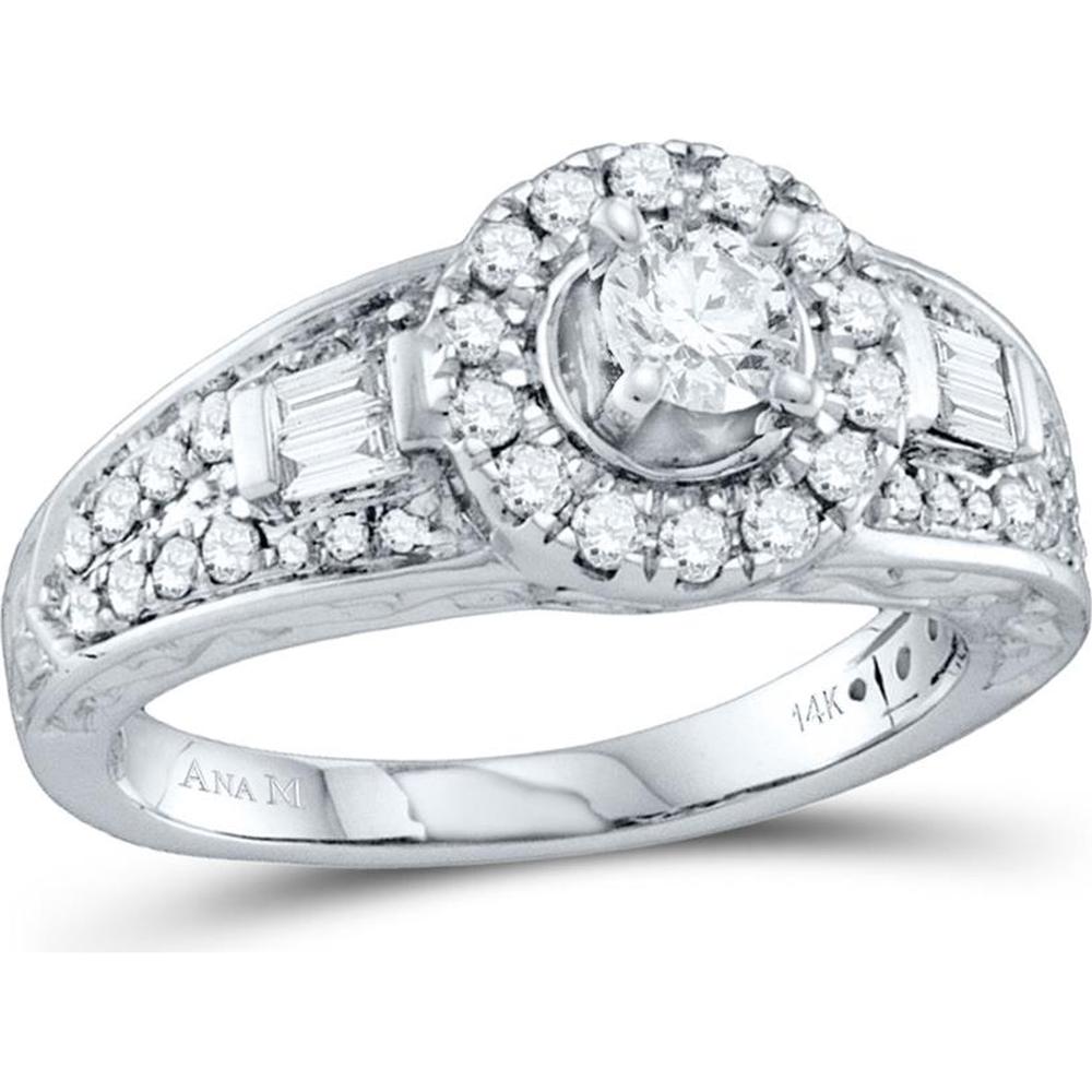 GND 14K White Gold Halo Engagement Ring with Round and Baguette Diamonds - 1.00 Carat Total Diamond Weight.