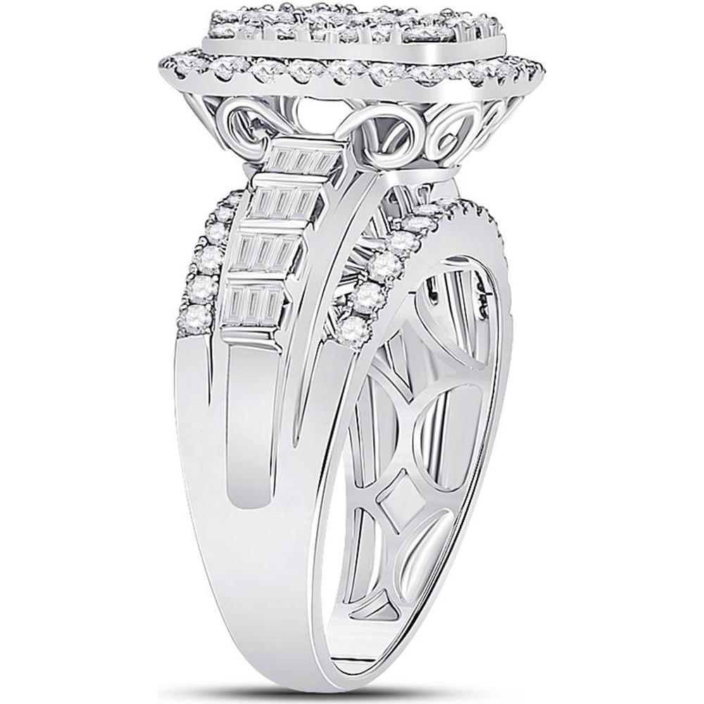 GND 14K White Gold Halo Ring with Illusion-Set Round and Channel-Set Baguette Diamonds - 1.75 Carat Total Diamond Weight
