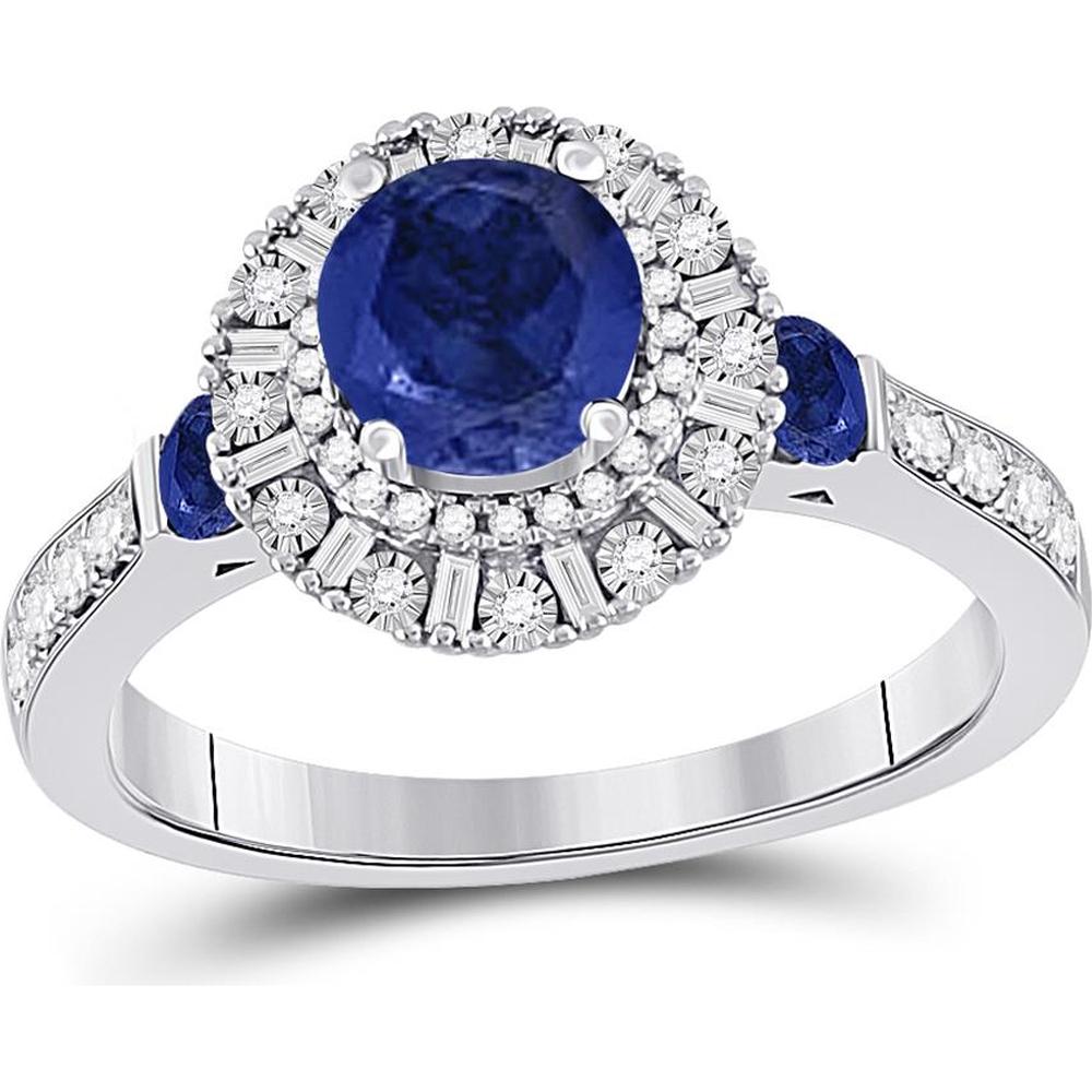 GND 14K White Gold Halo Ring with Prong-Set 1.11 Carat Round Blue Sapphire and 0.33 Carat Diamonds
