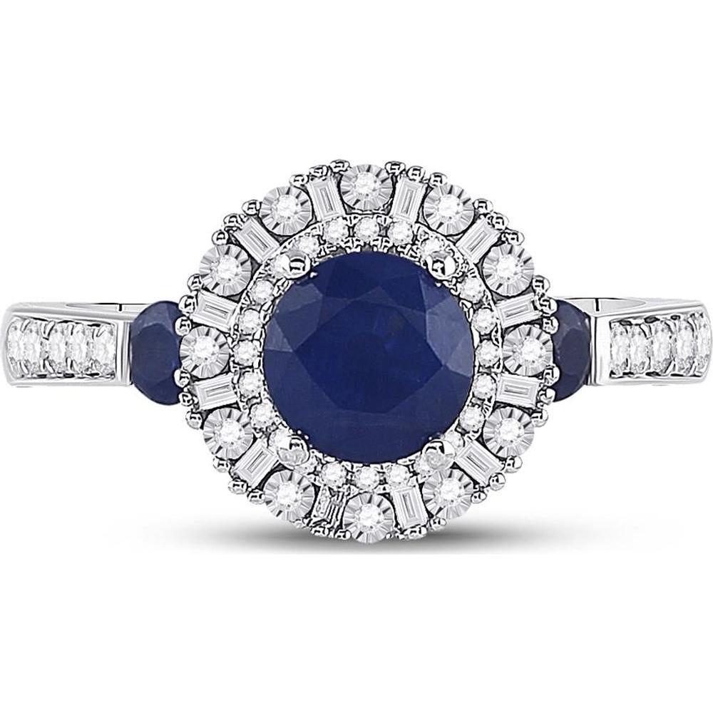 GND 14K White Gold Halo Ring with Prong-Set 1.11 Carat Round Blue Sapphire and 0.33 Carat Diamonds