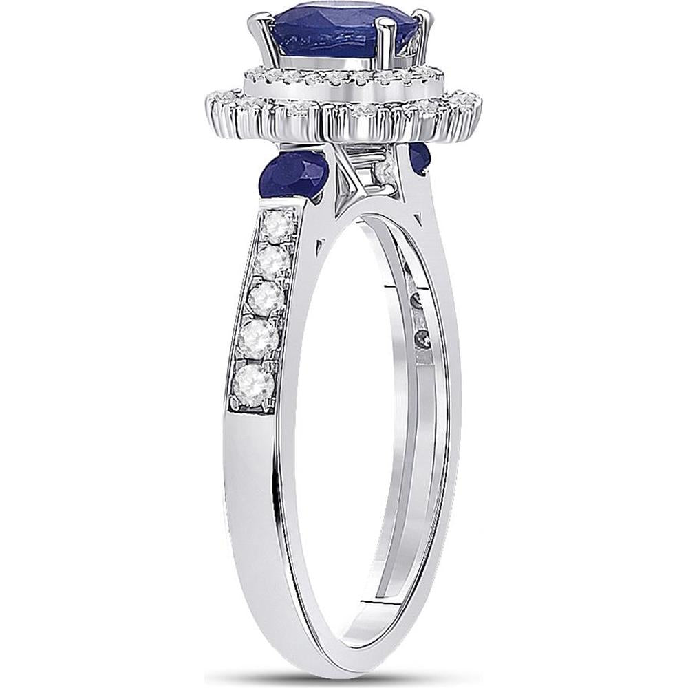 GND 14K White Gold Halo Ring with Prong-Set 1.11 Carat Round Blue Sapphire and 0.33 Carat Diamonds