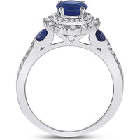 GND 14K White Gold Halo Ring with Prong-Set 1.11 Carat Round Blue Sapphire and 0.33 Carat Diamonds