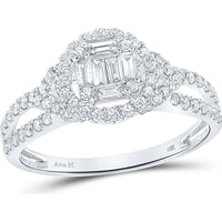 GND 14K White Gold Halo Ring with Prong-Set Baguette and Round Diamonds - 0.75 Carat Total Diamond Weight