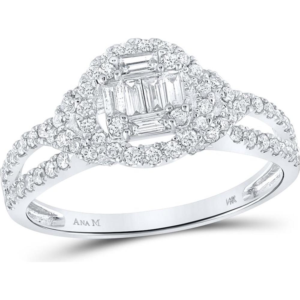 GND 14K White Gold Halo Ring with Prong-Set Baguette and Round Diamonds - 0.75 Carat Total Diamond Weight
